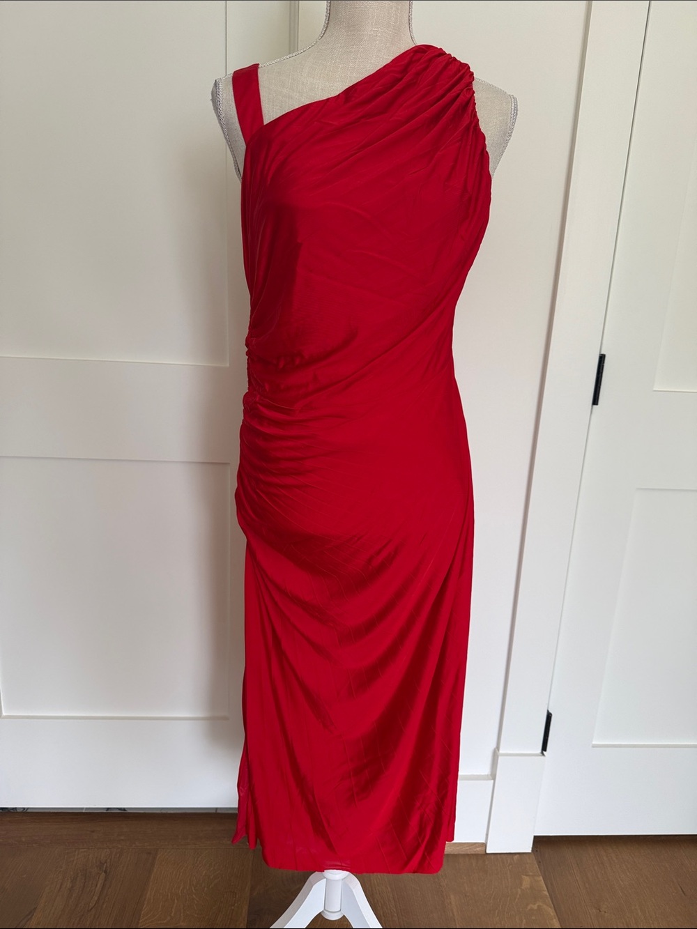 Hugo Boss Red One-Shoulder Ruched Midi Dress